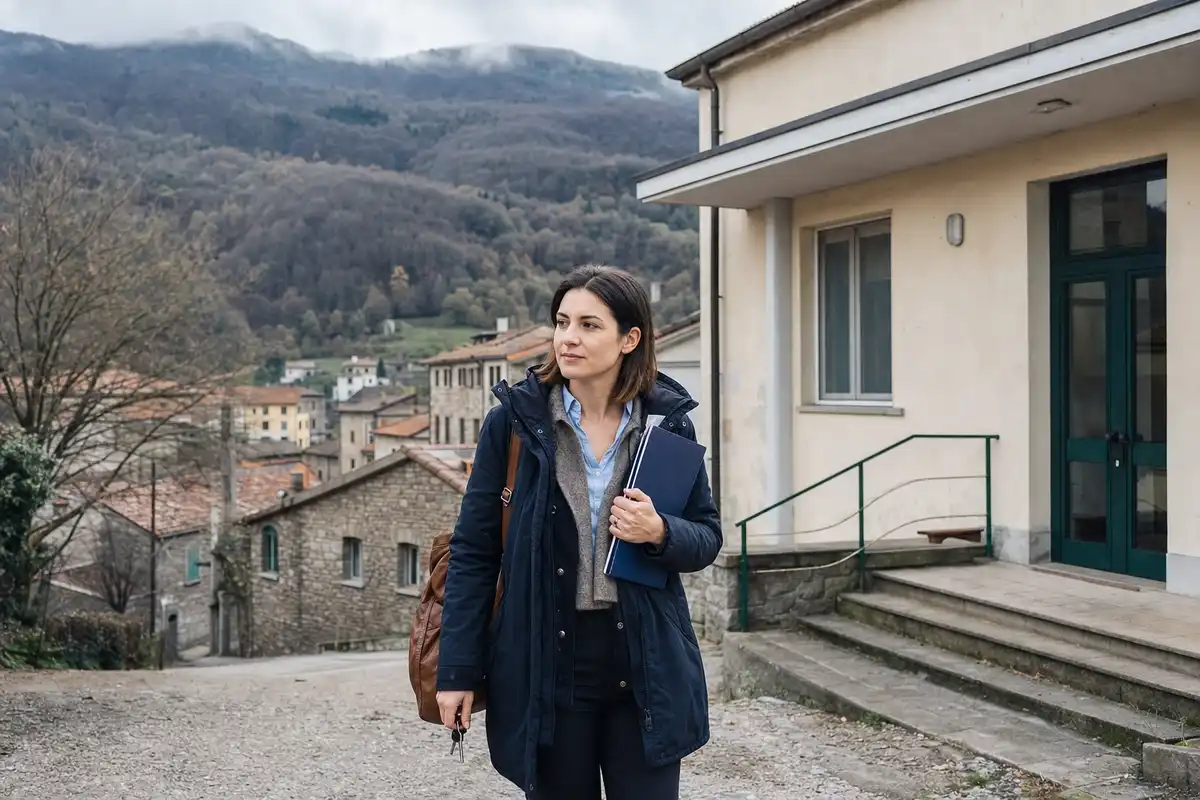 Professionista con cartella e chiavi davanti a un edificio pubblico in un paese di montagna, con colline sullo sfondo