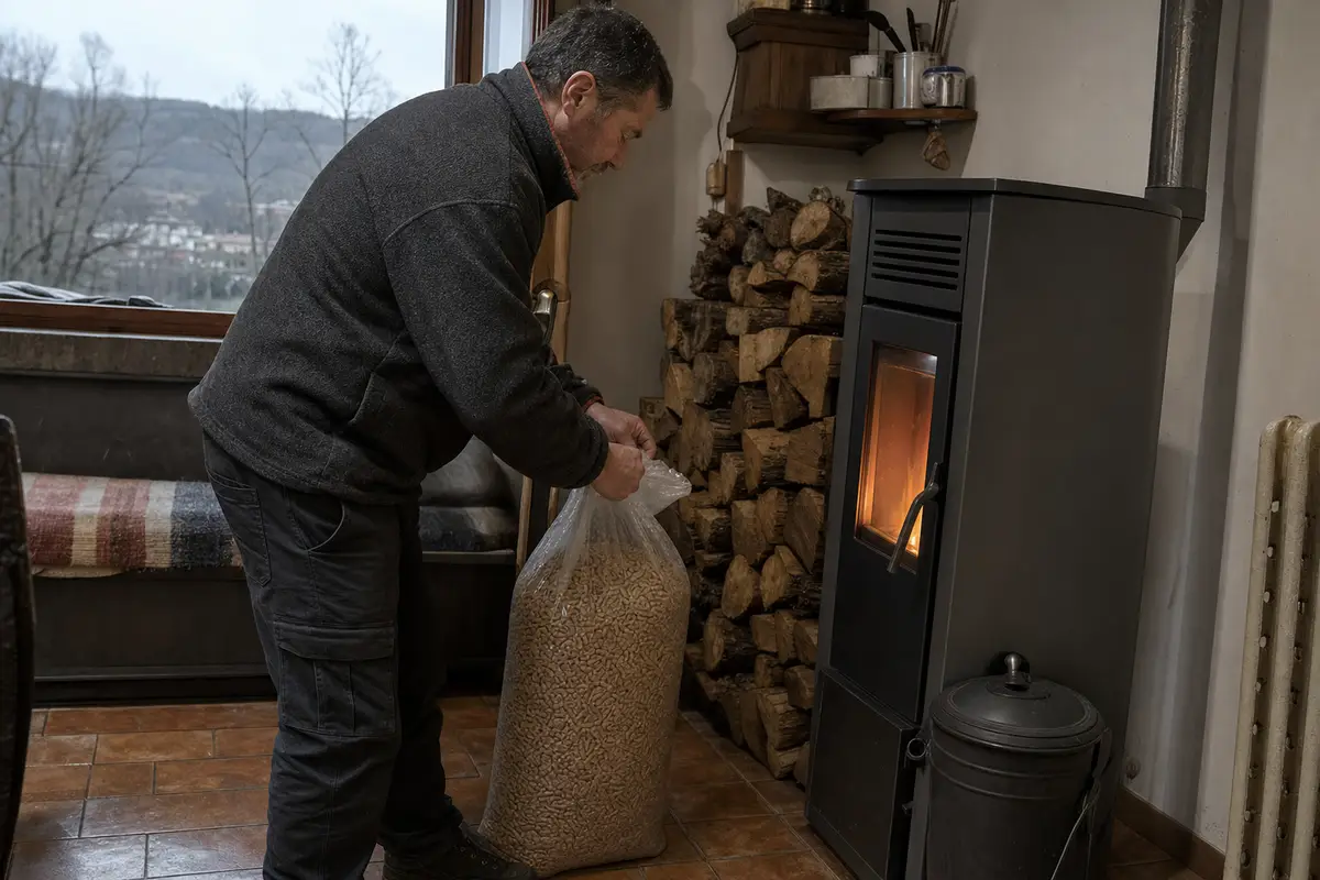 Uomo apre un sacco di pellet accanto a una stufa accesa, con catasta di legna e colline fredde fuori dalla finestra