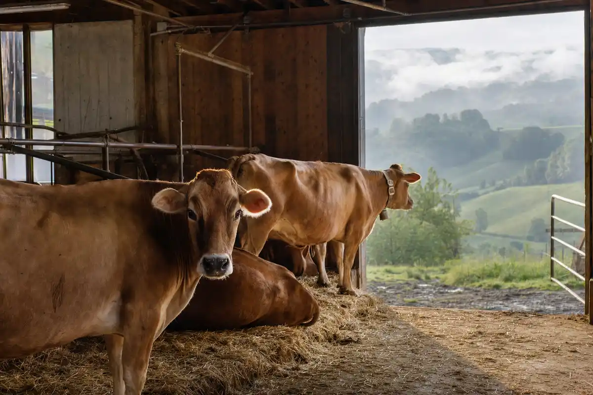 Mucche dal mantello bruno in una stalla con lettiera di paglia e porta aperta su colline verdi nella nebbia