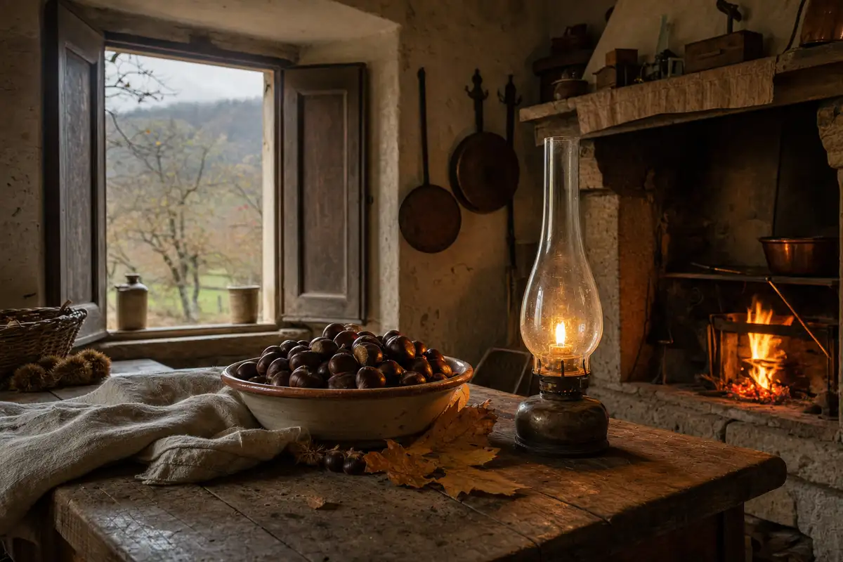 Ciotola di castagne e lampada a olio su tavolo rustico, con camino acceso e finestra sull’autunno