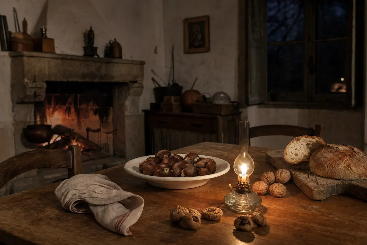 Tavolo rustico con castagne, pane, noci e fichi secchi illuminati da una lampada a olio, con camino acceso sullo sfondo