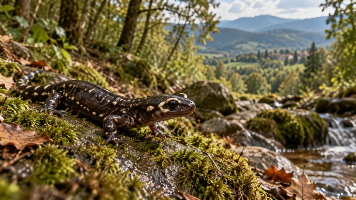 Salamandra vicino a un ruscello di montagna