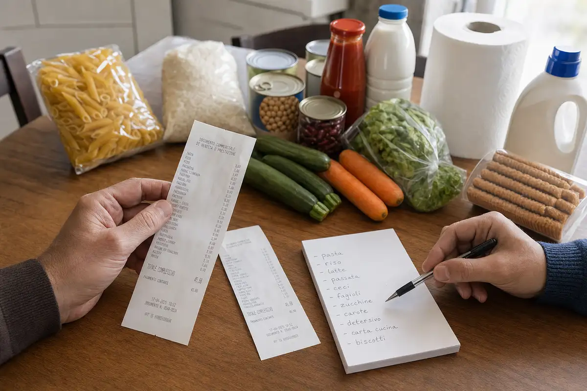 Mani con scontrini, penna e lista della spesa su un tavolo con pasta, riso, latte, verdure e detersivo
