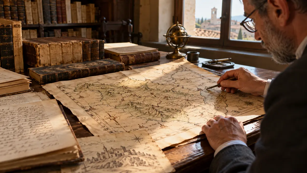 Studioso esamina antiche mappe del territorio mugellano
