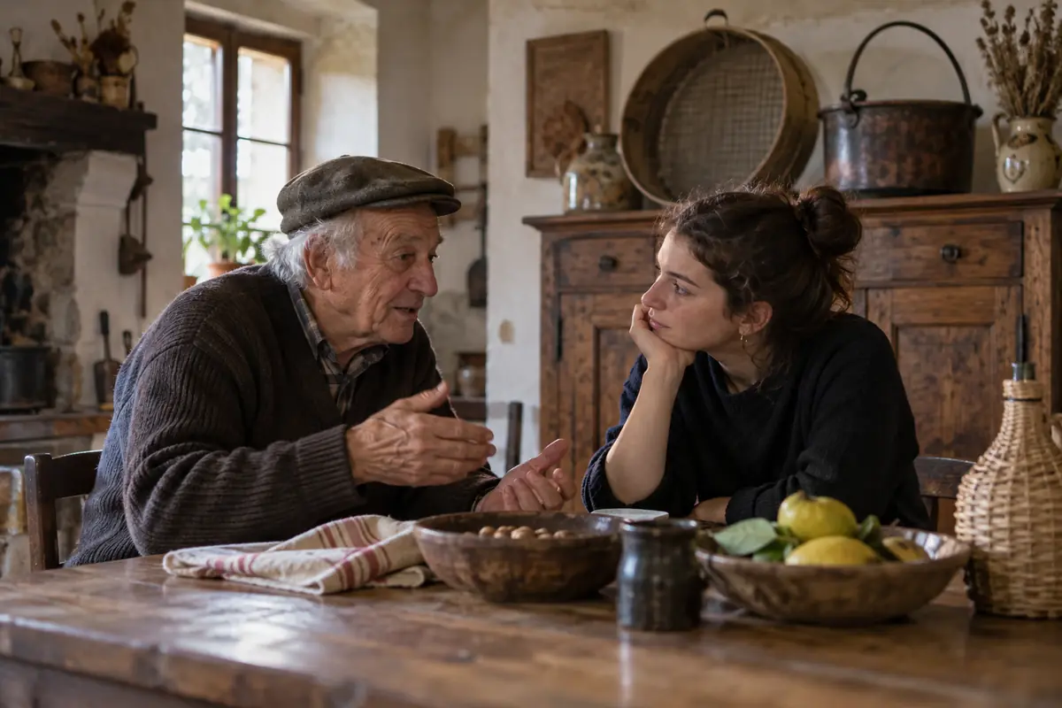 Un nonno racconta alla nipote le parole della tradizione mugellana