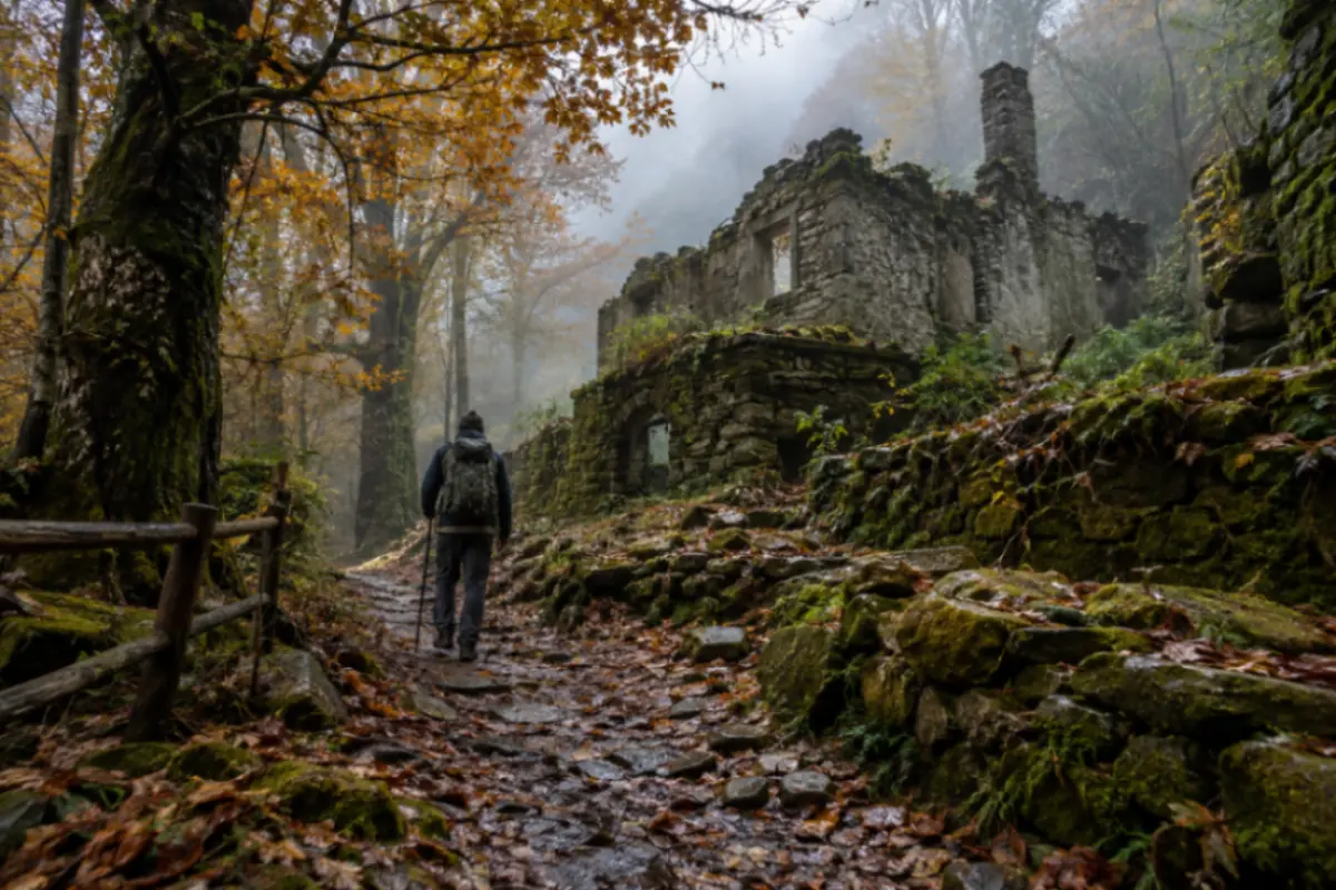 Un sentiero tra boschi e antiche rovine della valle