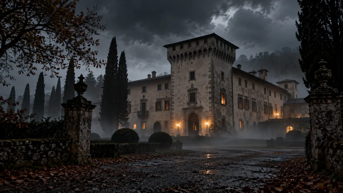 Villa medicea avvolta dalla nebbia autunnale